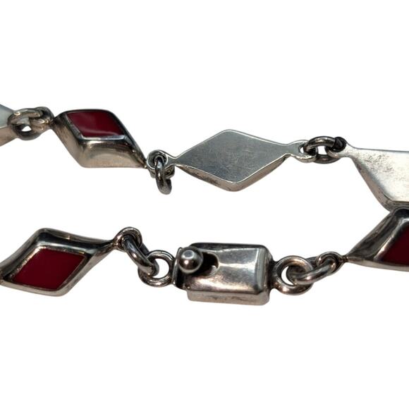 925 Sterling Silver Mexico Red Coral Inlay Diamond Shape Link Box Clasp Bracelet - Picture 4 of 7